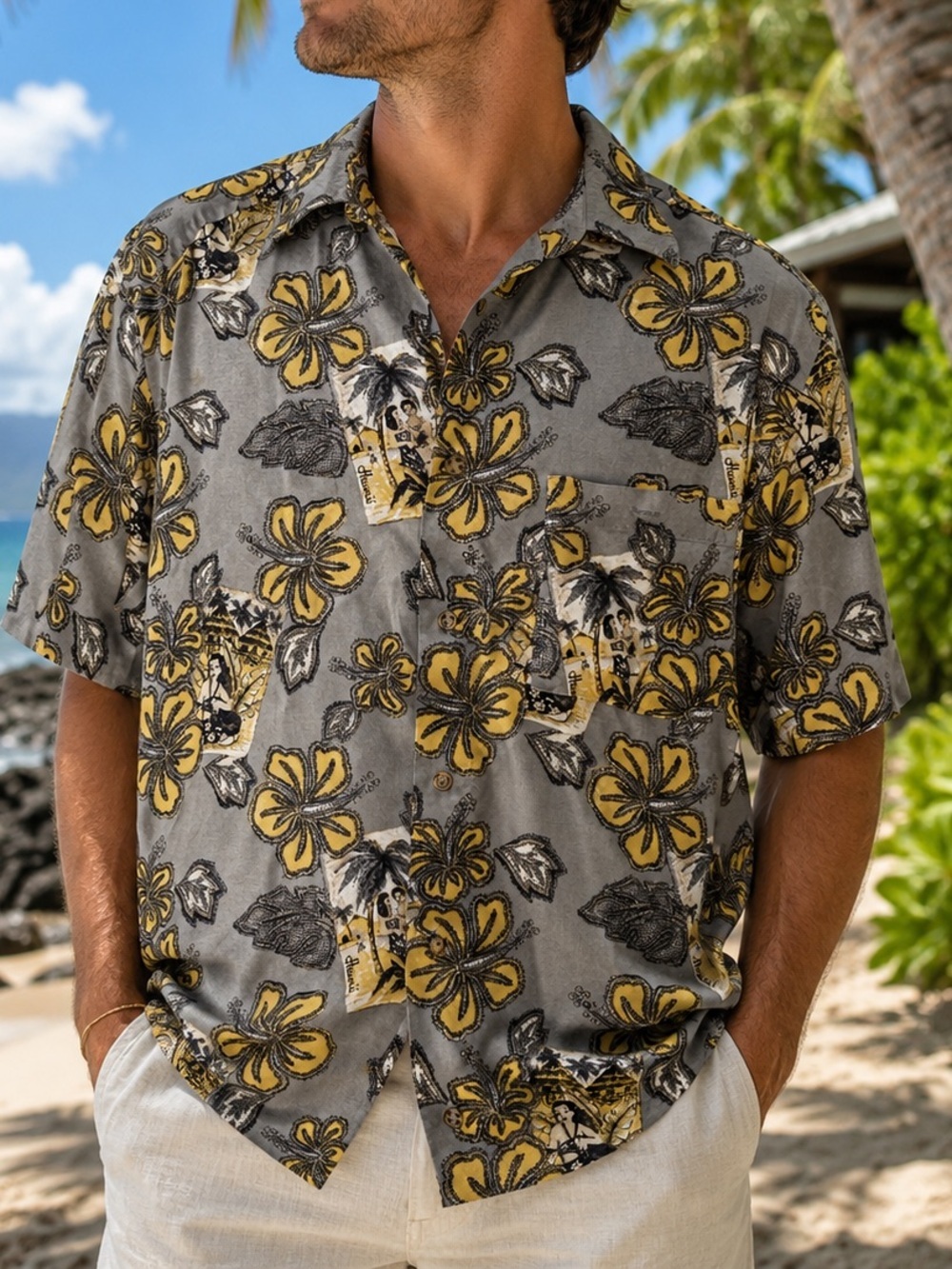 Puritan Hawaiian Shirt Men’s Large Gray Hibiscus Tropical Aloha Button Front